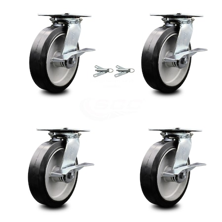 Service Caster 8 Inch Rubber on Aluminum Caster Set with Ball Bearing 4 Brake and 2 Swivel Lock SCC-35S820-RAB-SLB-BSL-2-SLB-2